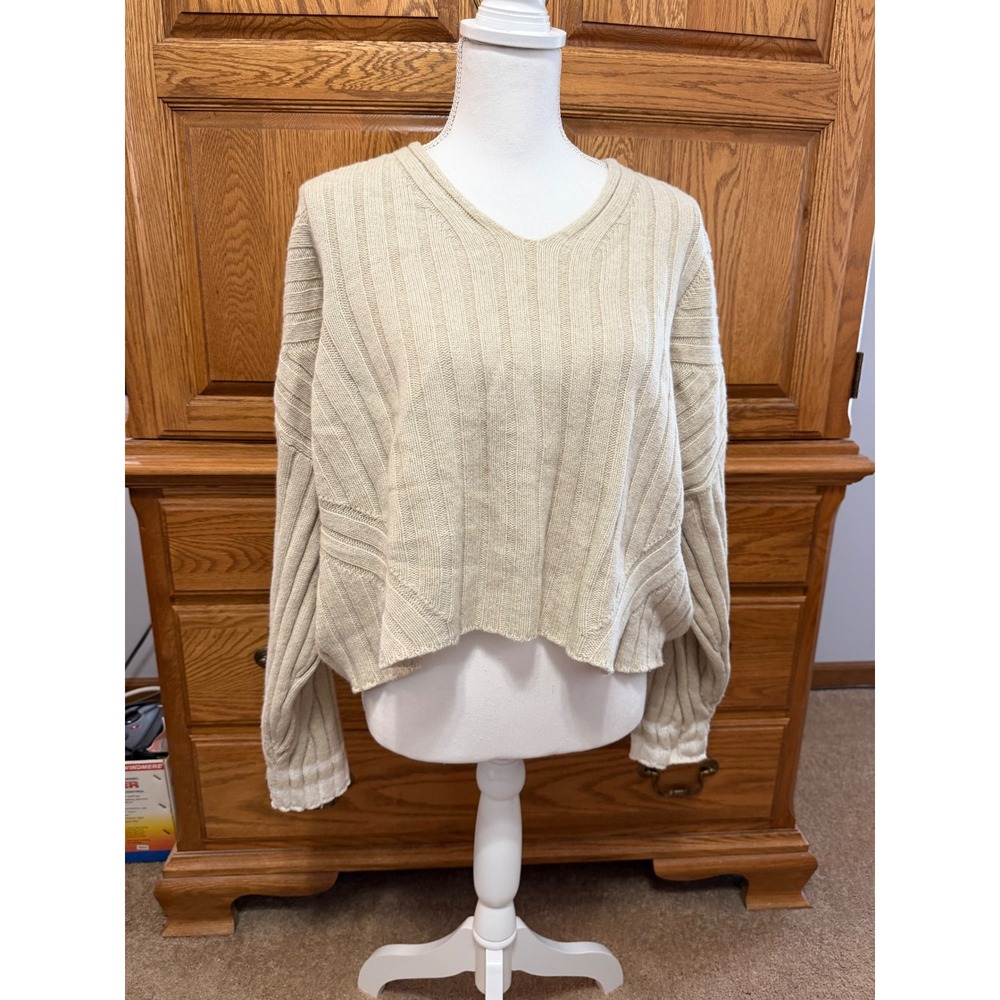 Rag & Bone Serena Knit Sweater M Cream V-Neck Mixed Rib High Low Wool Linen